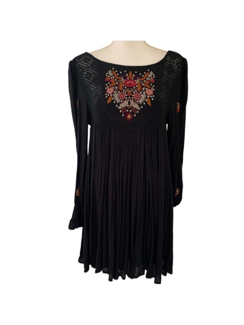 Free People Mojave Black Embroidered Boho Mini Dress with Multicolor Neck Detail - Picture 4 of 4